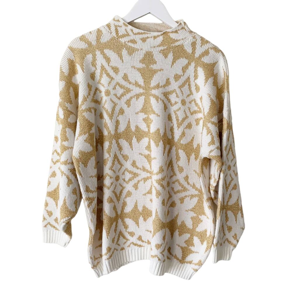 Vintage Rose USA Sweater Size L Gold Metallic Scroll Oversized Cottagecore 80s